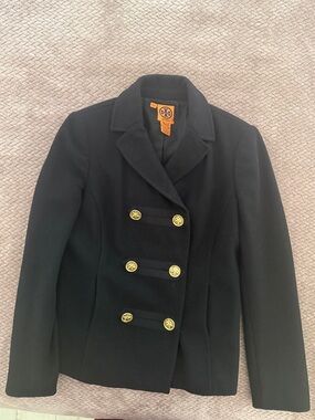 Tory Burch Black Double-Breasted Pea Coat with Gold Buttons